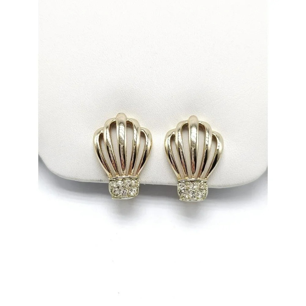 Bergere Clear Rhinestone Gold Tone Crown Openwork Vintage Clip Earrings